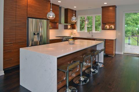 Bennett - Yorktown cabinet door in Walnut with water fall edge on island